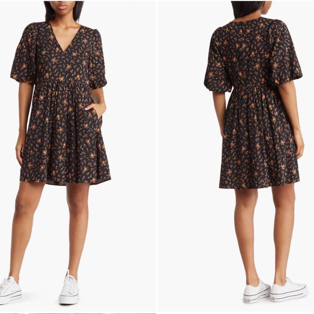 NWT Madewell Floral Poplin V-Neck Bubble Sleeve Minidress